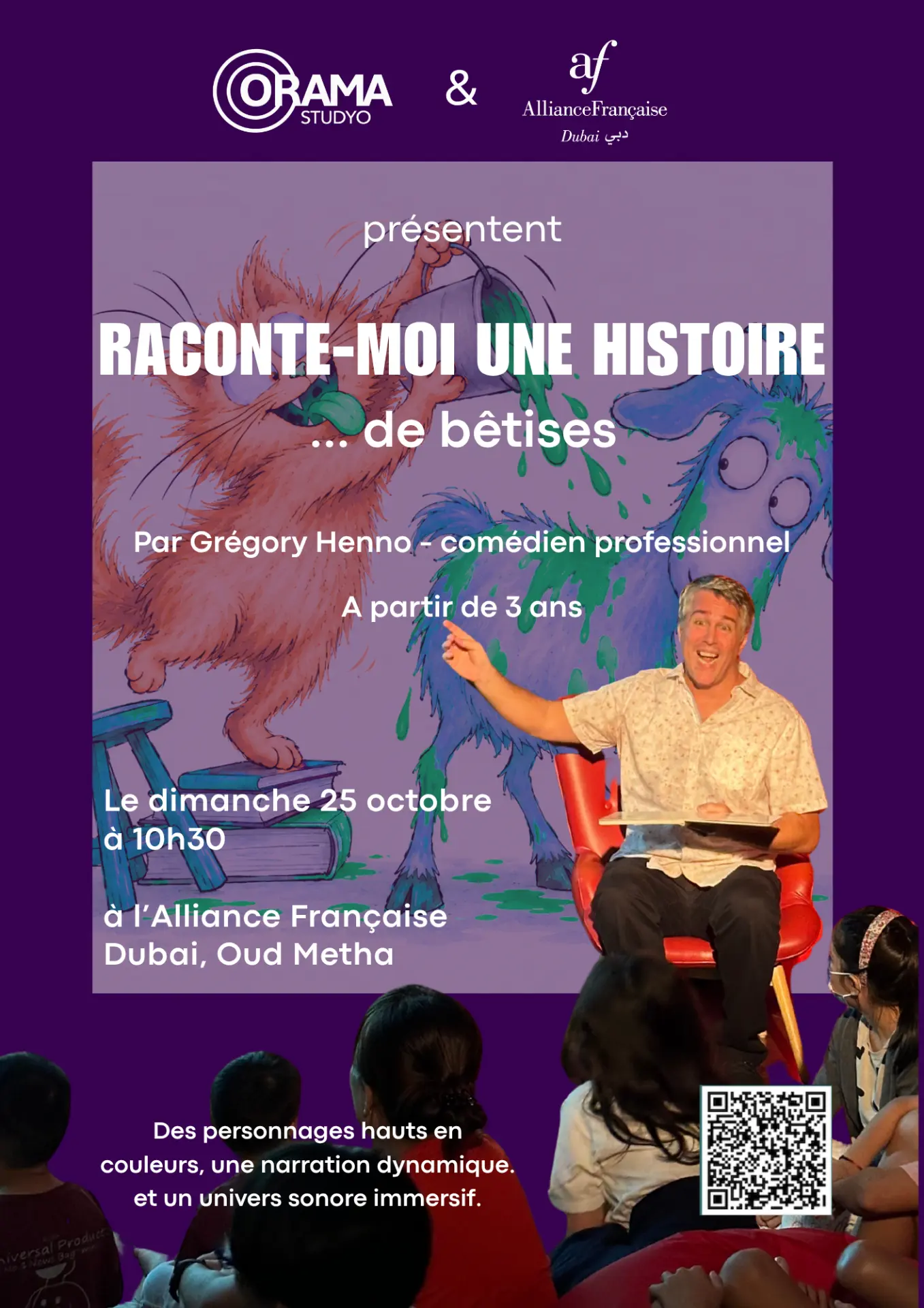 Poster for Raconte-moi une histoire de bêtises, storytelling by Grégory Henno for children aged 3 and up