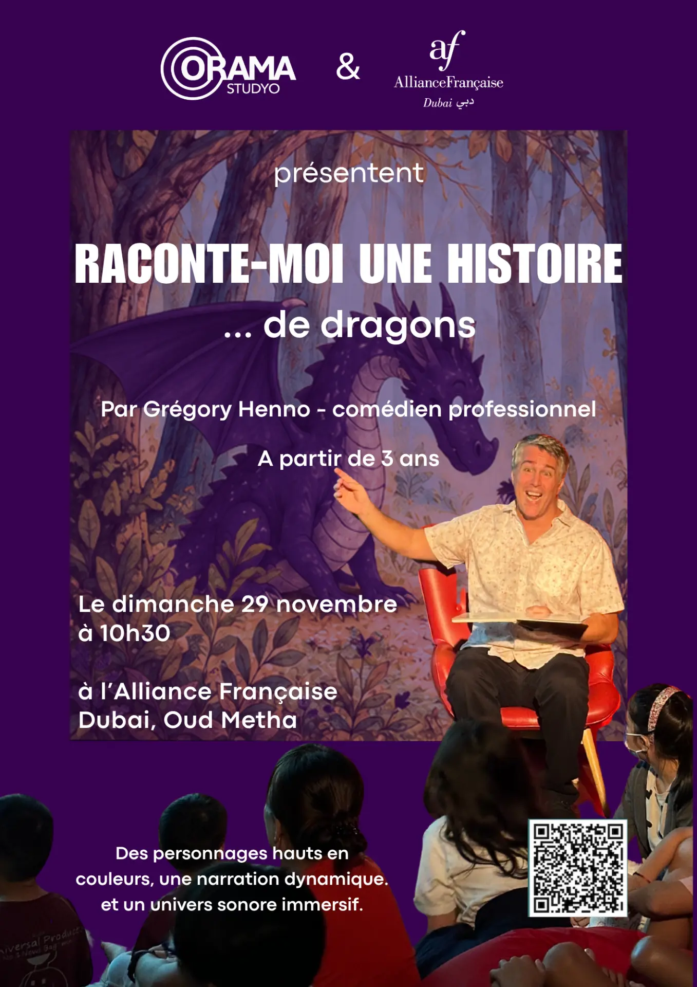 Poster for Raconte-moi une histoire de dragons, storytelling by Grégory Henno for children aged 3 and up